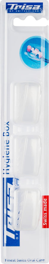 Trisa toothbrush hygiene box pack of 3 white travel cases in clear blister retail packaging Swiss made dental accessory